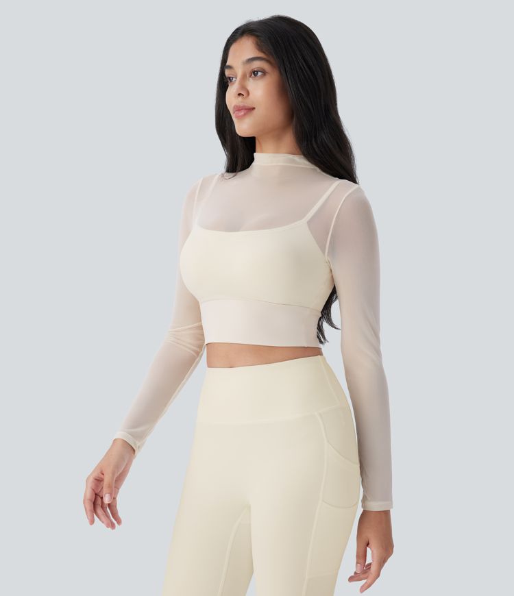Contrast Mesh Long Sleeve 2-in-1 Cropped Yoga Sports Top
