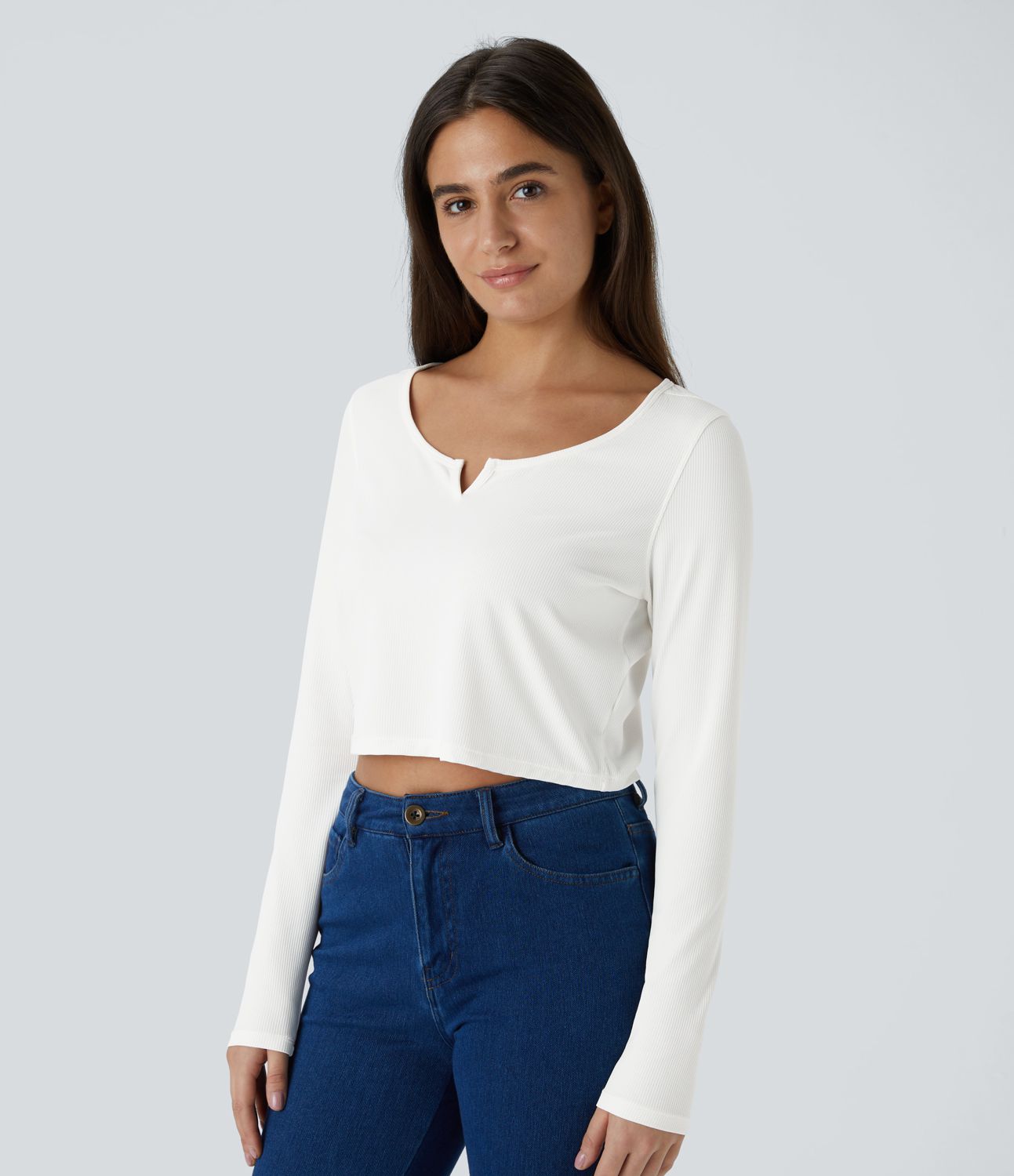 Rib Knit Notched Long Sleeve Cropped Casual Top