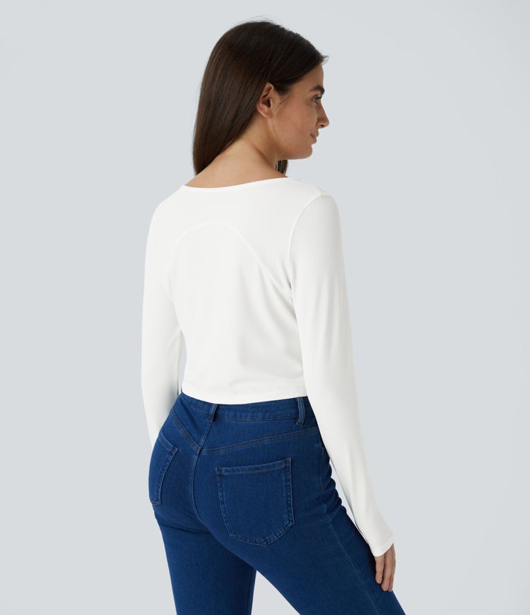 Rib Knit Notched Long Sleeve Cropped Casual Top