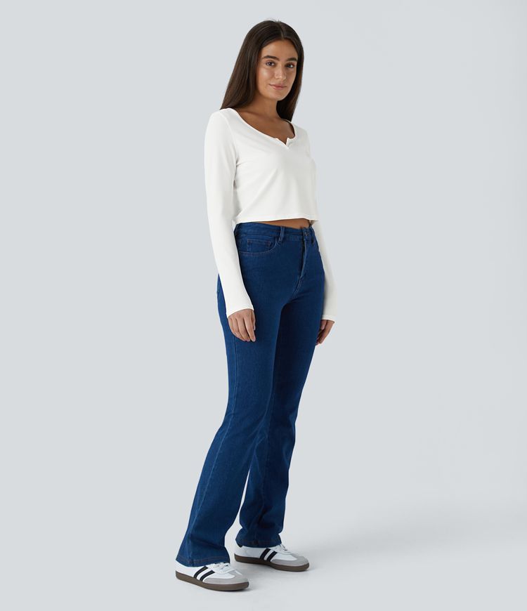 Rib Knit Notched Long Sleeve Cropped Casual Top