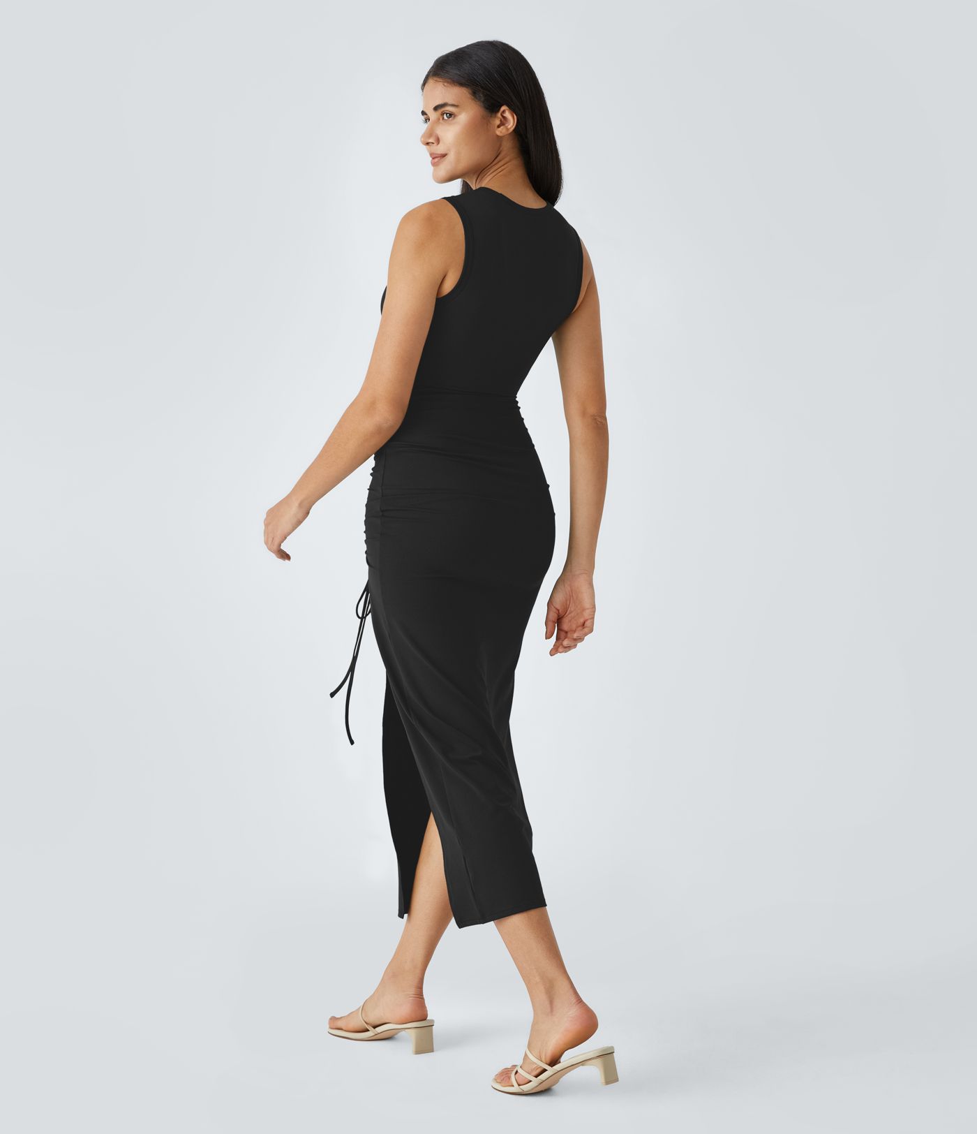 Midi-Freizeitkleid mit Schlitz, Rundhalsausschnitt und Kordelzug, figurbetontes, verdrehtes, ausgeschnittenes, gerafftes Kleid