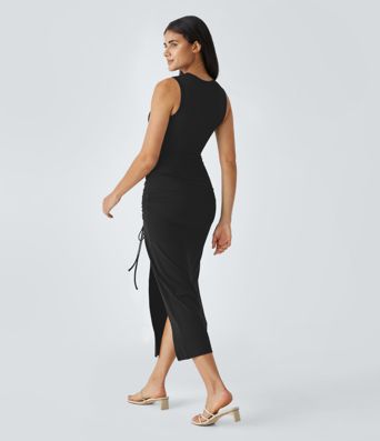 Midi-Freizeitkleid mit Schlitz, Rundhalsausschnitt und Kordelzug, figurbetontes, verdrehtes, ausgeschnittenes, gerafftes Kleid