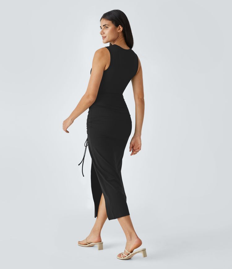 Midi-Freizeitkleid mit Schlitz, Rundhalsausschnitt und Kordelzug, figurbetontes, verdrehtes, ausgeschnittenes, gerafftes Kleid