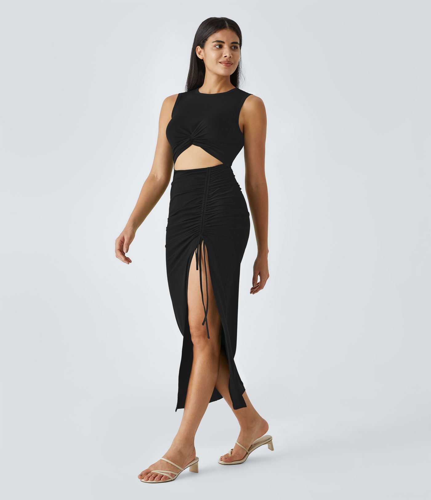 Midi-Freizeitkleid mit Schlitz, Rundhalsausschnitt und Kordelzug, figurbetontes, verdrehtes, ausgeschnittenes, gerafftes Kleid