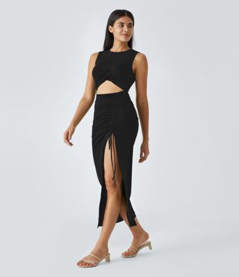 Midi-Freizeitkleid mit Schlitz, Rundhalsausschnitt und Kordelzug, figurbetontes, verdrehtes, ausgeschnittenes, gerafftes Kleid