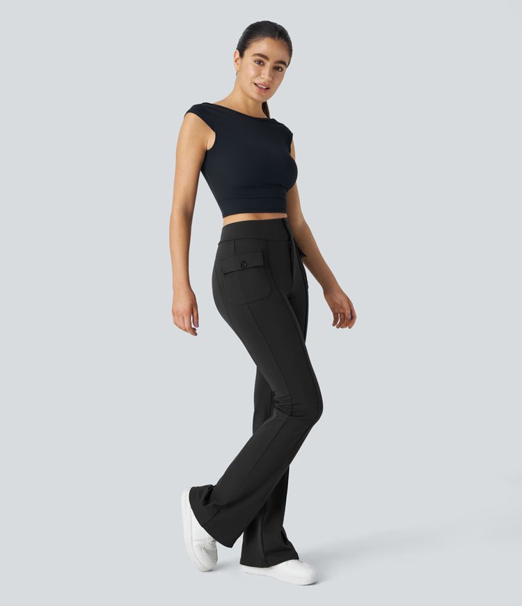 SculptKnit High Waisted Side Flap Pocket Flare Casual Cargo Trousers