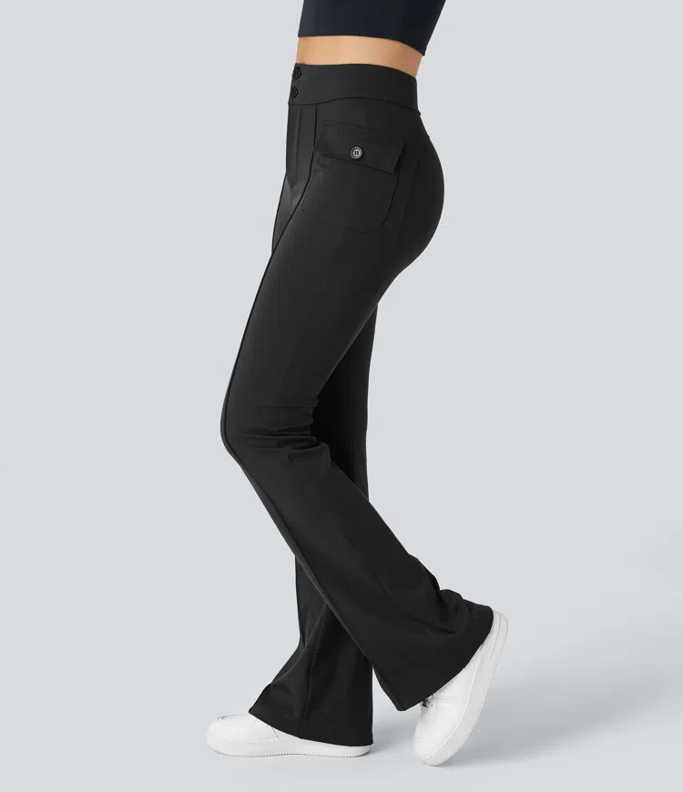 High Waisted Side Flap Pocket Flare Casual Cargo Pants
