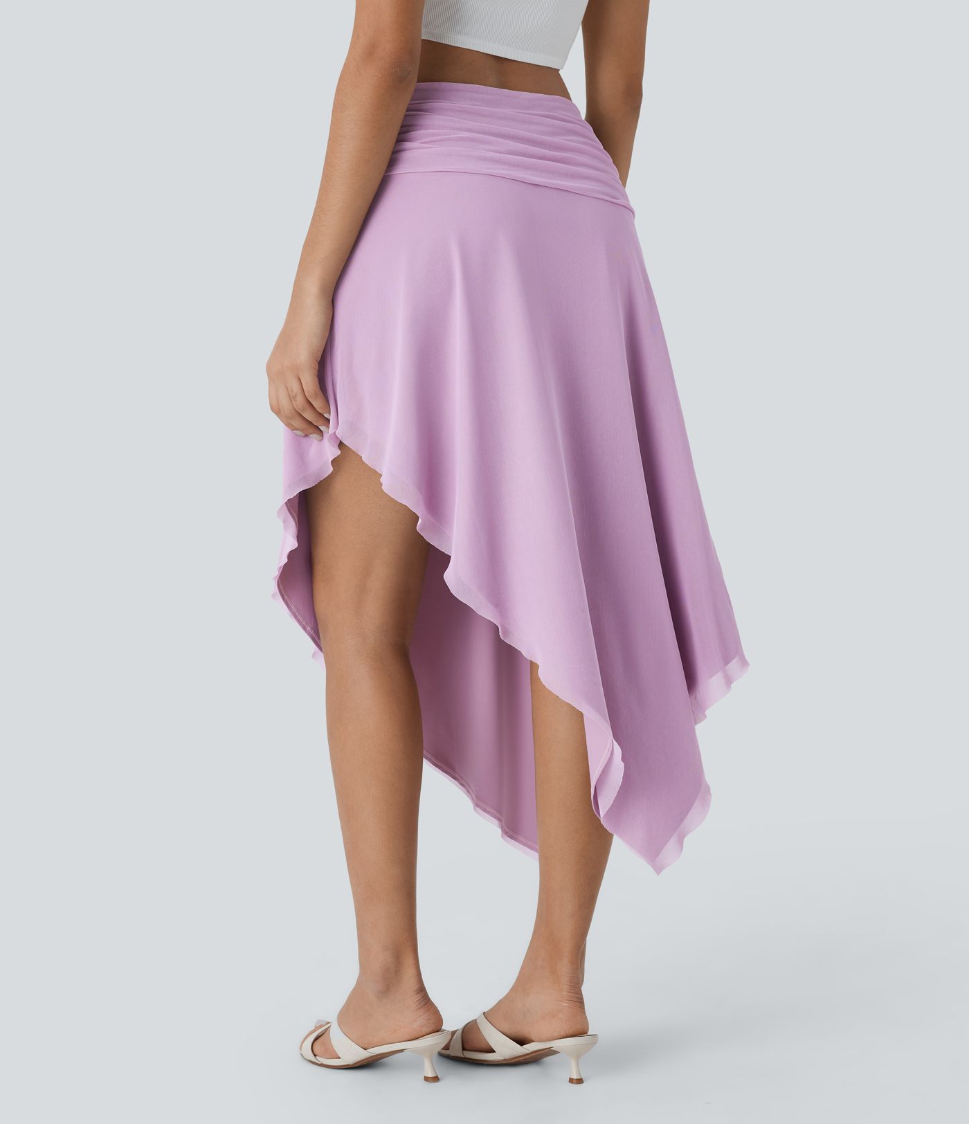 Low Rise Ruched Asymmetric Hem Mesh Overlay Flowy Midi Skirt