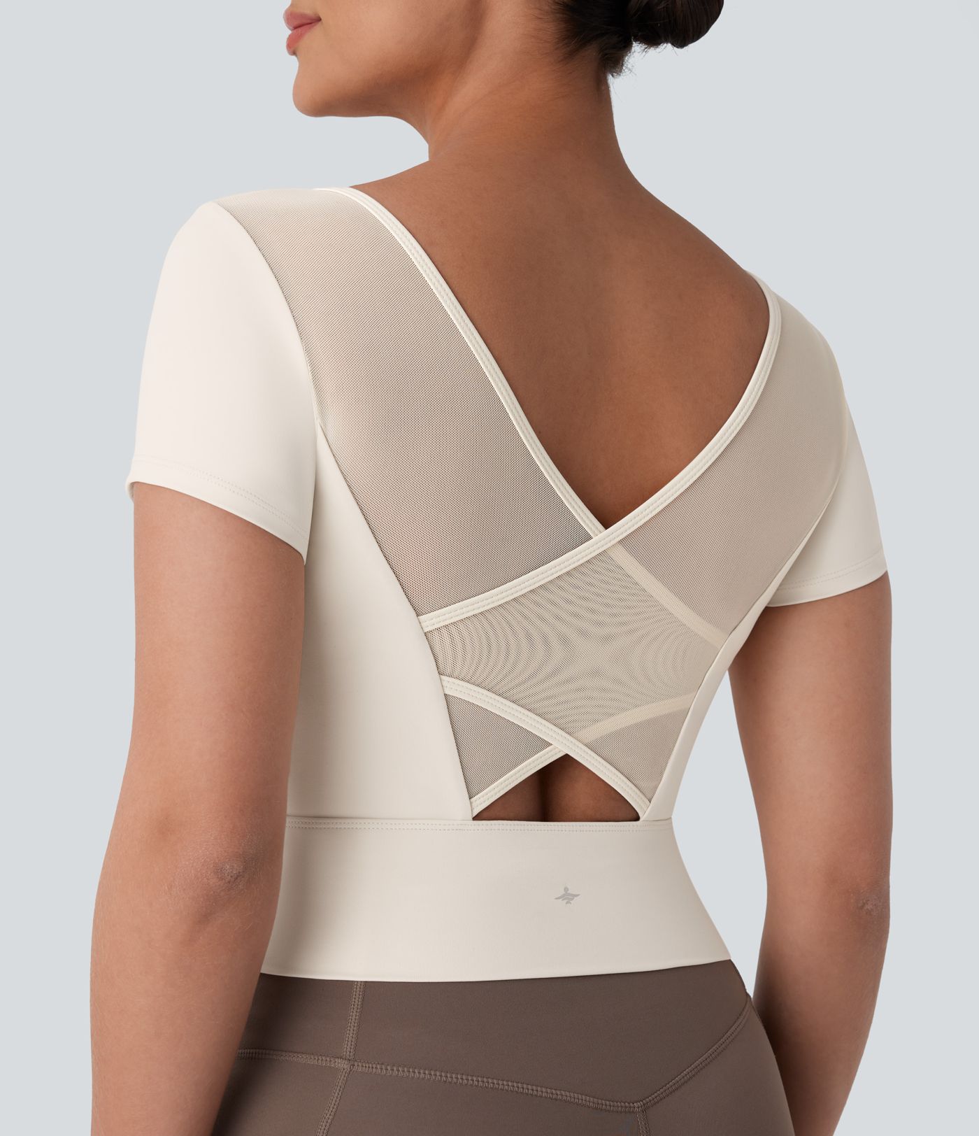 Softlyzero™ Plush U Neck Short Sleeve Backless Crossover Contrast Mesh Yoga Sports Top