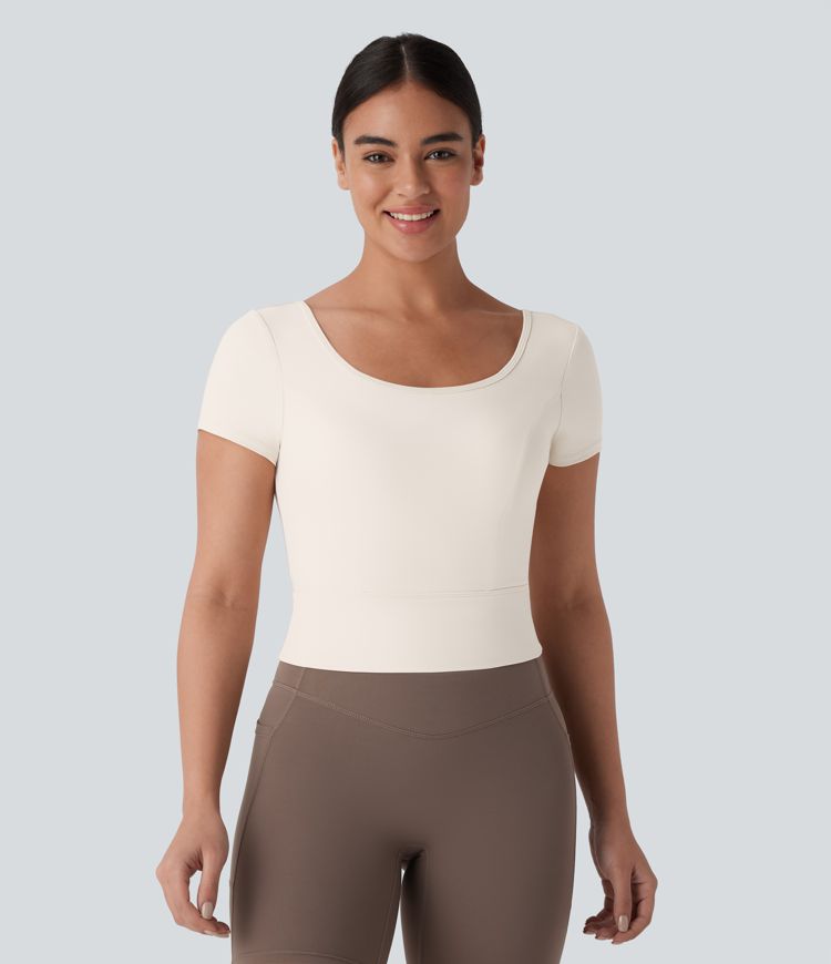 SoftlyZero™ Plush U Neck Short Sleeve Crossover Contrast Mesh Yoga Sports Top