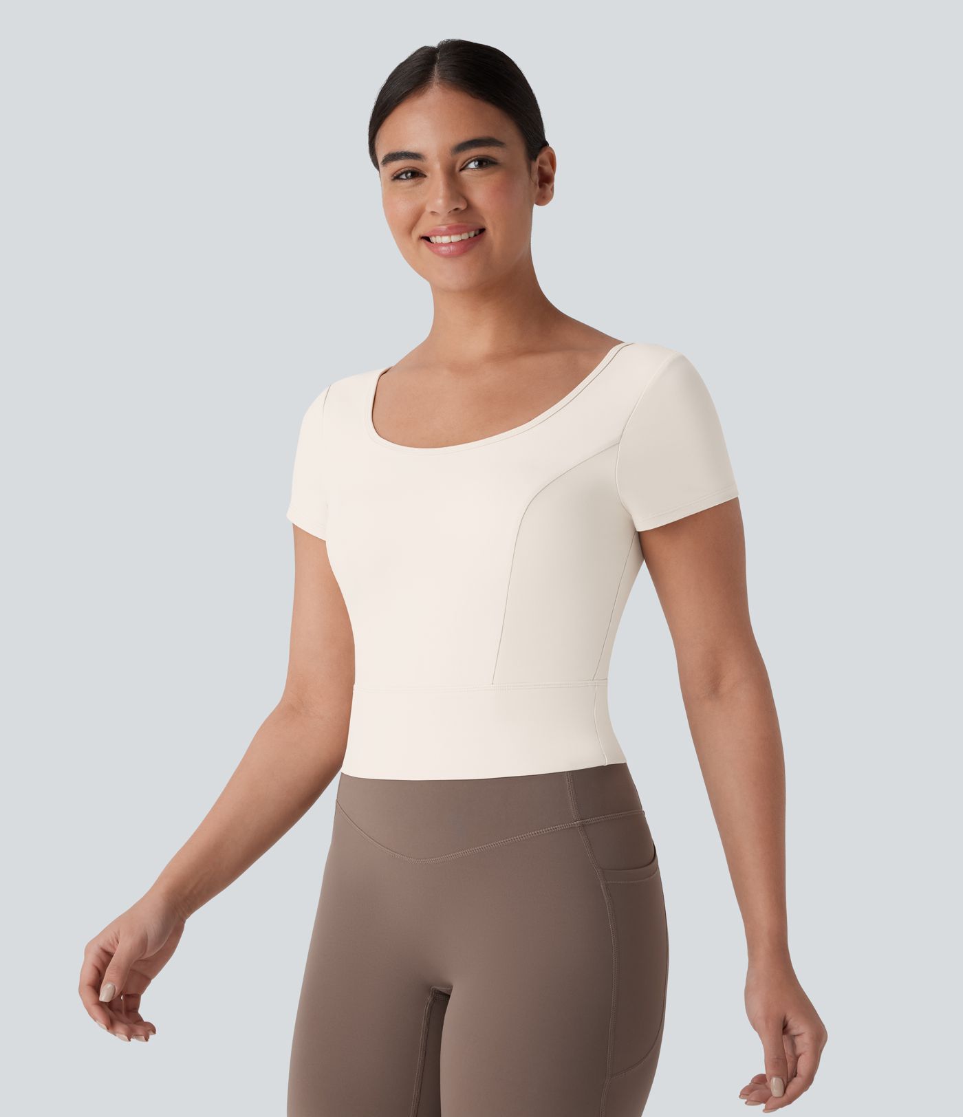 Softlyzero™ Plush U Neck Short Sleeve Backless Crossover Contrast Mesh Yoga Sports Top