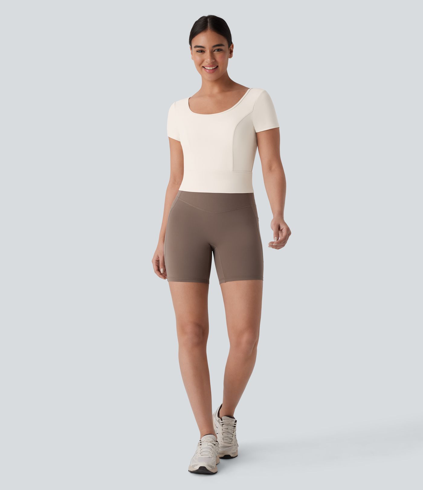 Softlyzero™ Plush U Neck Short Sleeve Backless Crossover Contrast Mesh Yoga Sports Top