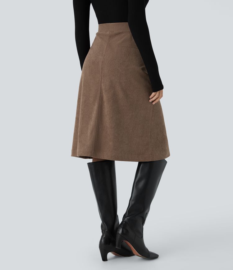 Mid Rise Front Side Flap Pocket Midi Corduroy Casual Skirt