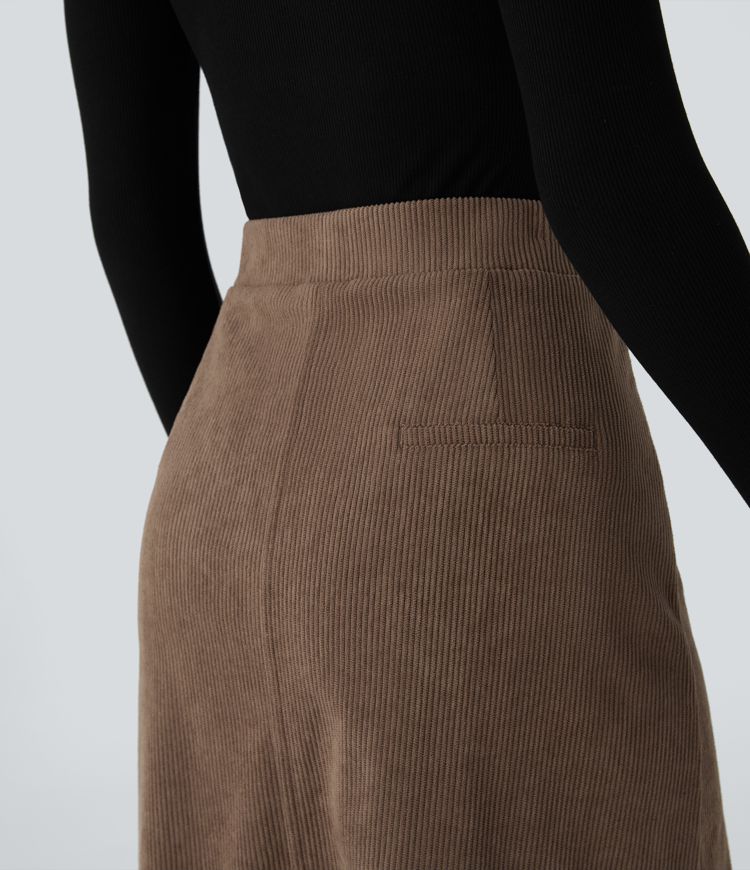 Mid Rise Front Side Flap Pocket Midi Corduroy Casual Skirt