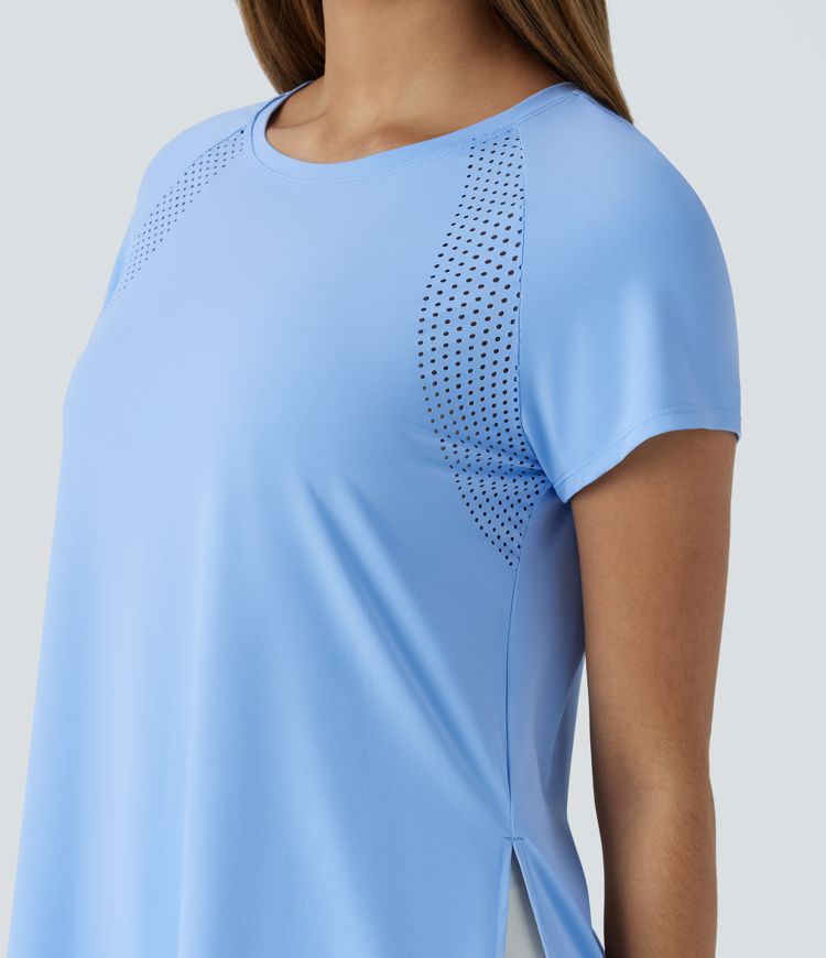 Boat Neck Short Sleeve Cut Out Cool Touch Workout Sports Top-UPF50+