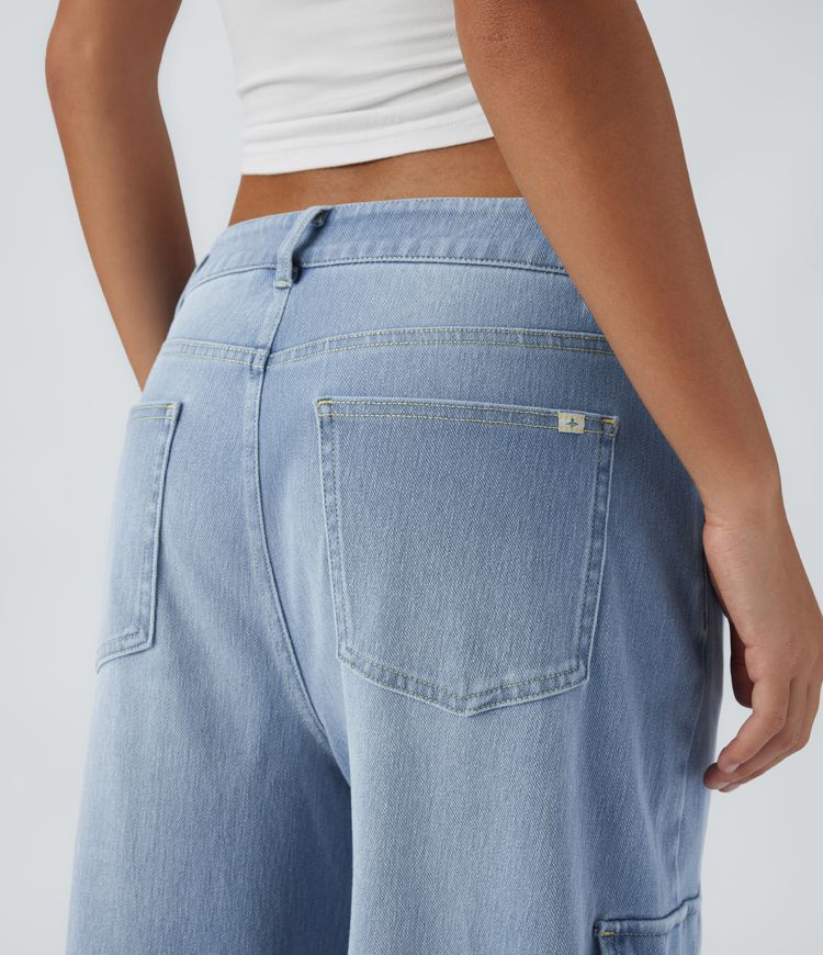 Halara Flex™  Lässige Baggy Jeans, Mittlere Leibhöhe Knopf Reißverschluss Mehrere Taschen Weites Bein Dehnbare Strick
