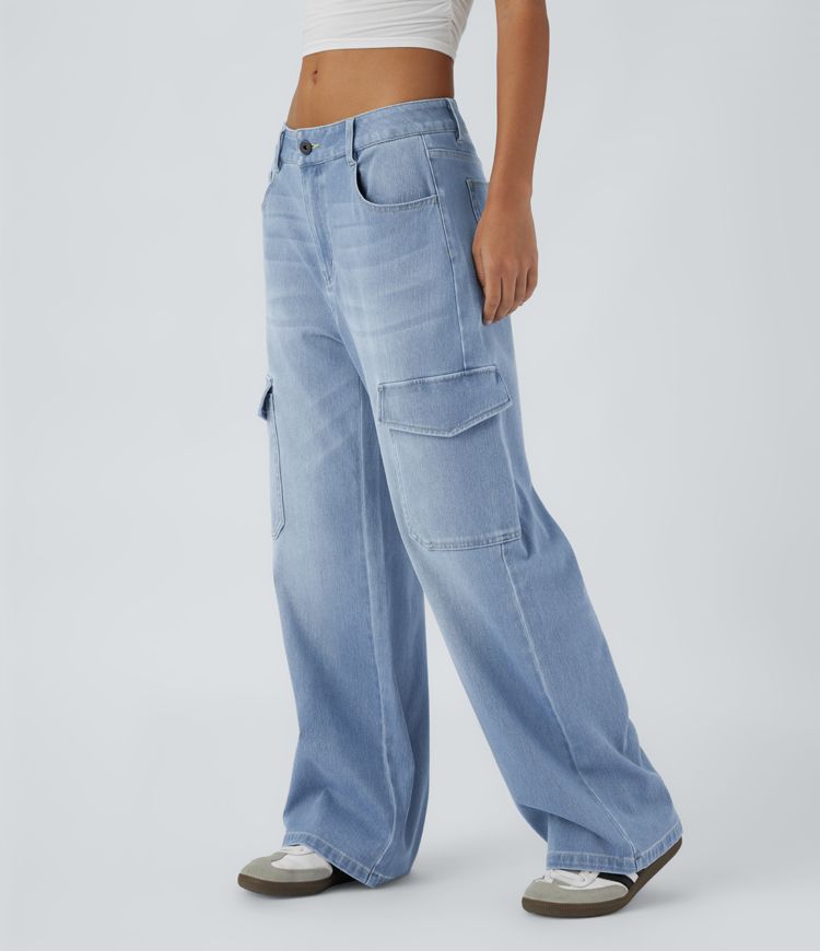 Halara Flex™  Lässige Baggy Jeans, Mittlere Leibhöhe Knopf Reißverschluss Mehrere Taschen Weites Bein Dehnbare Strick