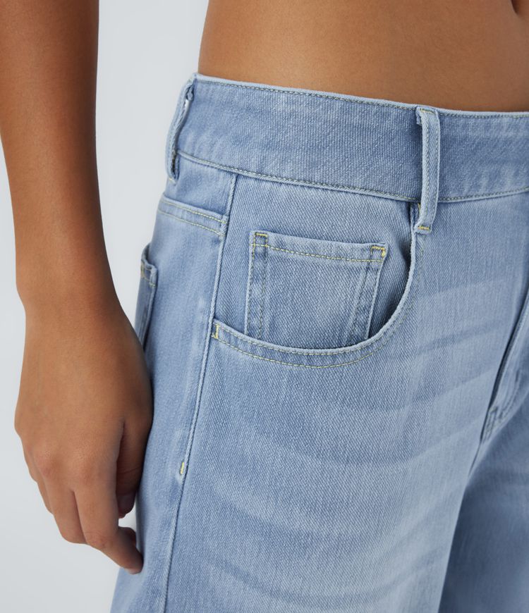 Halara Flex™  Lässige Baggy Jeans, Mittlere Leibhöhe Knopf Reißverschluss Mehrere Taschen Weites Bein Dehnbare Strick