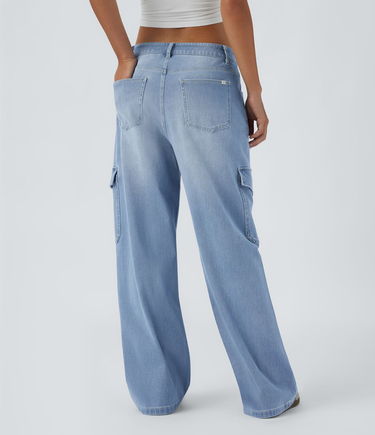 Halara Flex™  Lässige Baggy Jeans, Mittlere Leibhöhe Knopf Reißverschluss Mehrere Taschen Weites Bein Dehnbare Strick