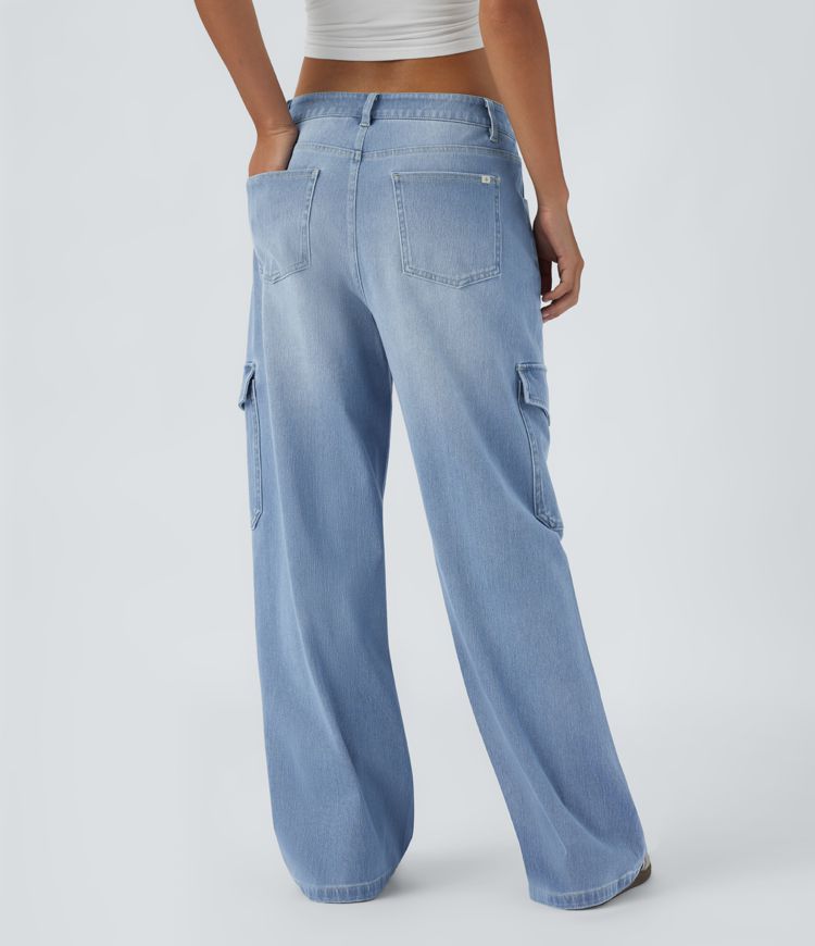 Halara Flex™  Lässige Baggy Jeans, Mittlere Leibhöhe Knopf Reißverschluss Mehrere Taschen Weites Bein Dehnbare Strick