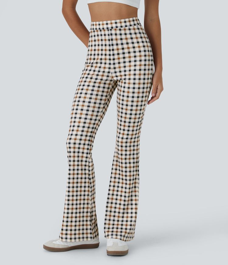High-waist checkered flared casual pants
