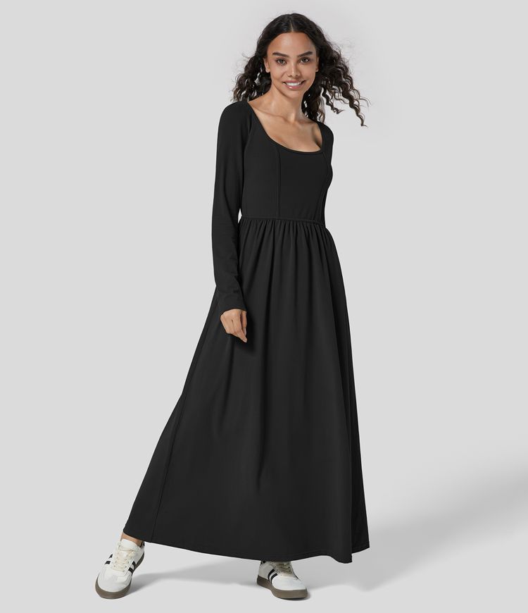 Vestido de algodón casual cuello en U sin espalda con lazos manga larga plisado longitud maxi