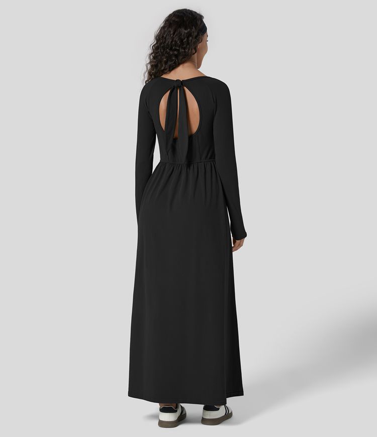 Vestido de algodón casual cuello en U sin espalda con lazos manga larga plisado longitud maxi