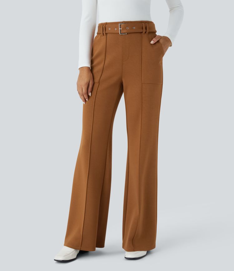 Pantalon évasé taille haute avec ceinture et poches latérales