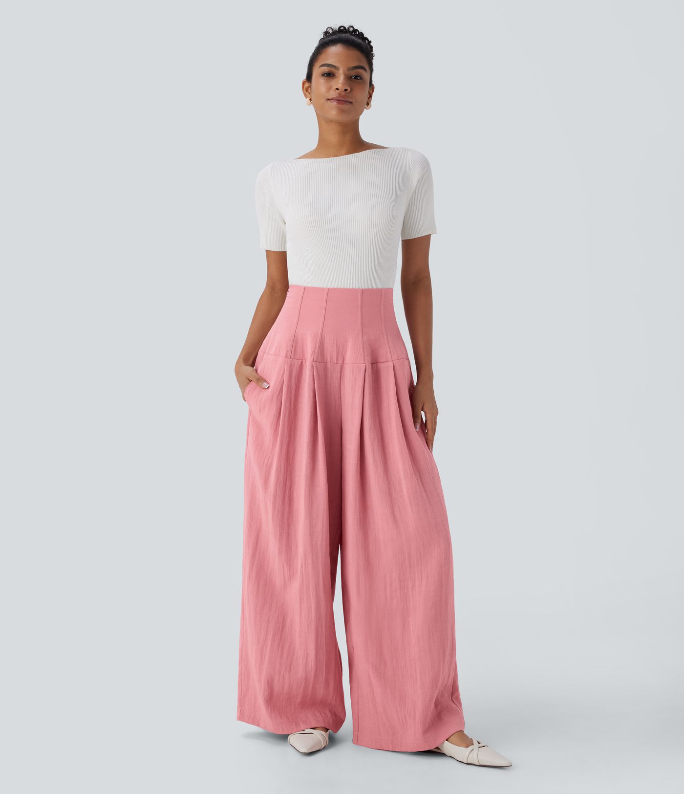 Halara Flex™ Super High Waisted Shirred Pockets Wide Leg Work Linen-Feel Trousers