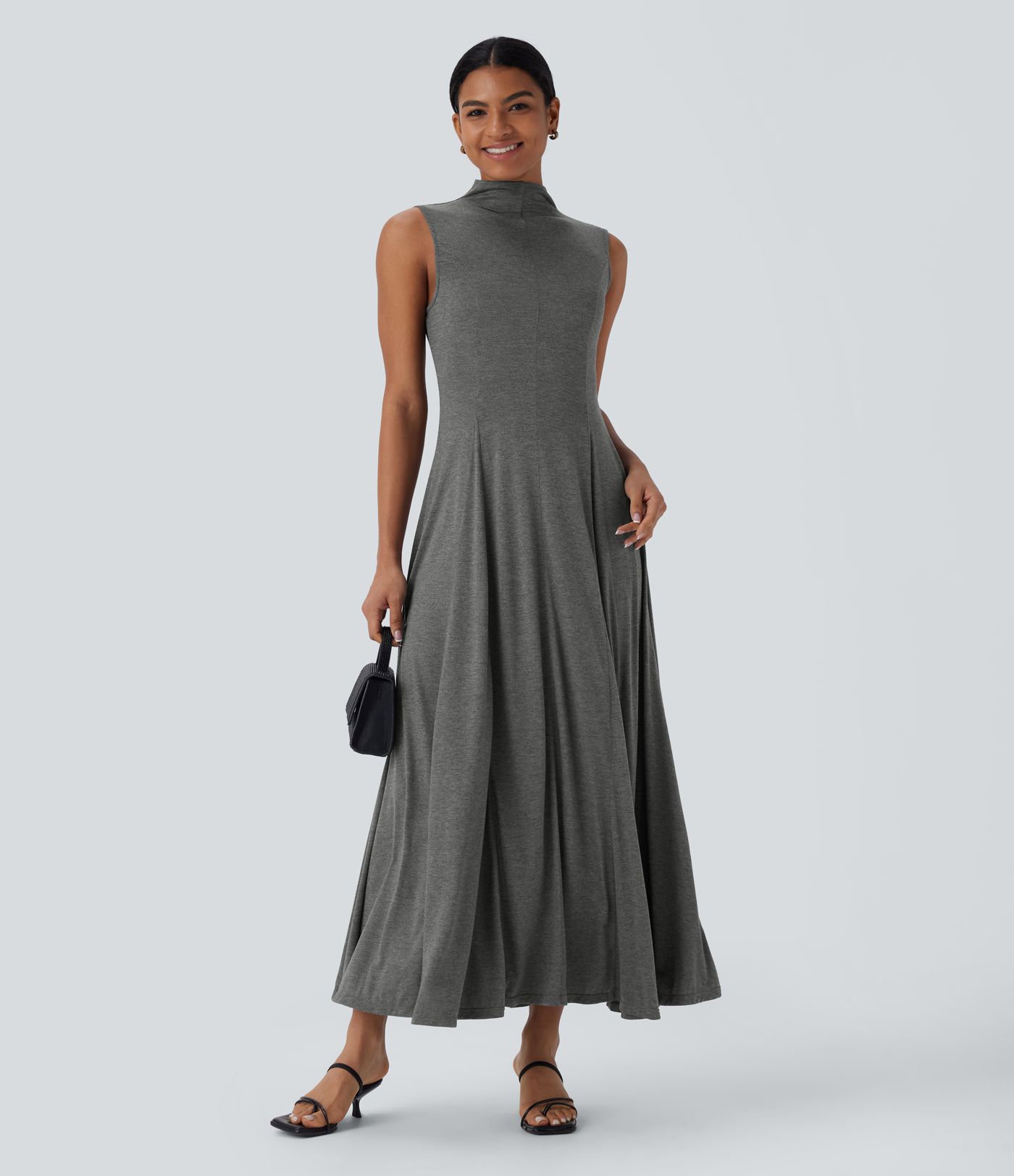 Ärmelloses, fließendes Midi-Resort-Kleid mit Stehkragen