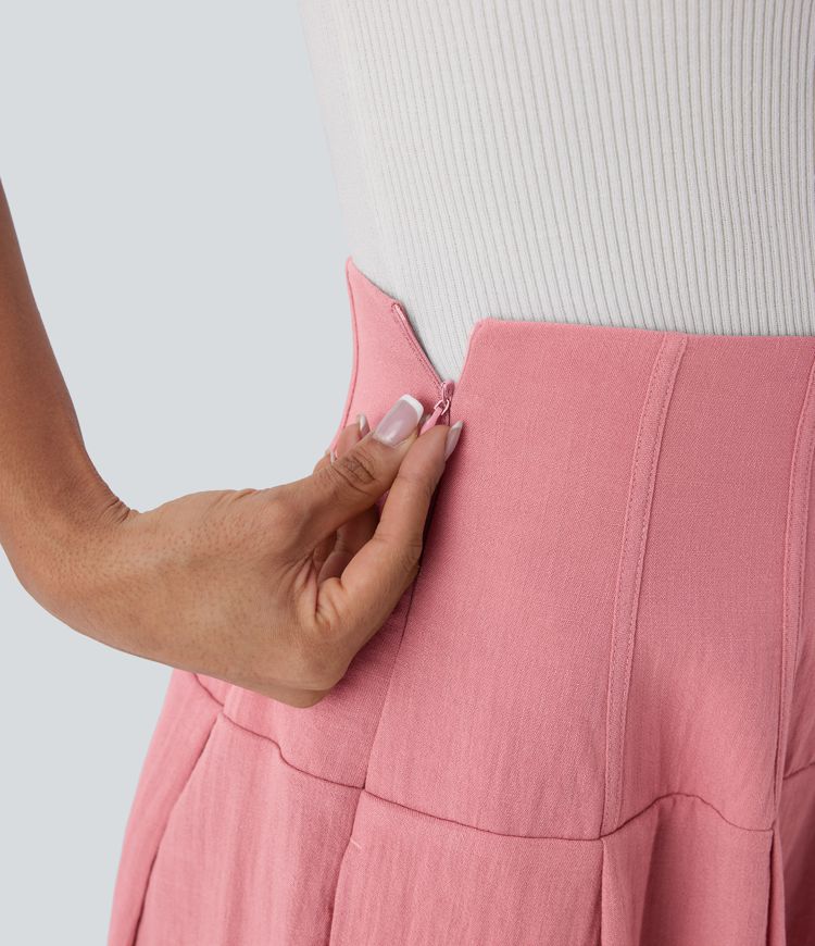 Pantalón oficina lino tiro súper alto bolsillo fruncido cremallera invisible pierna ancha