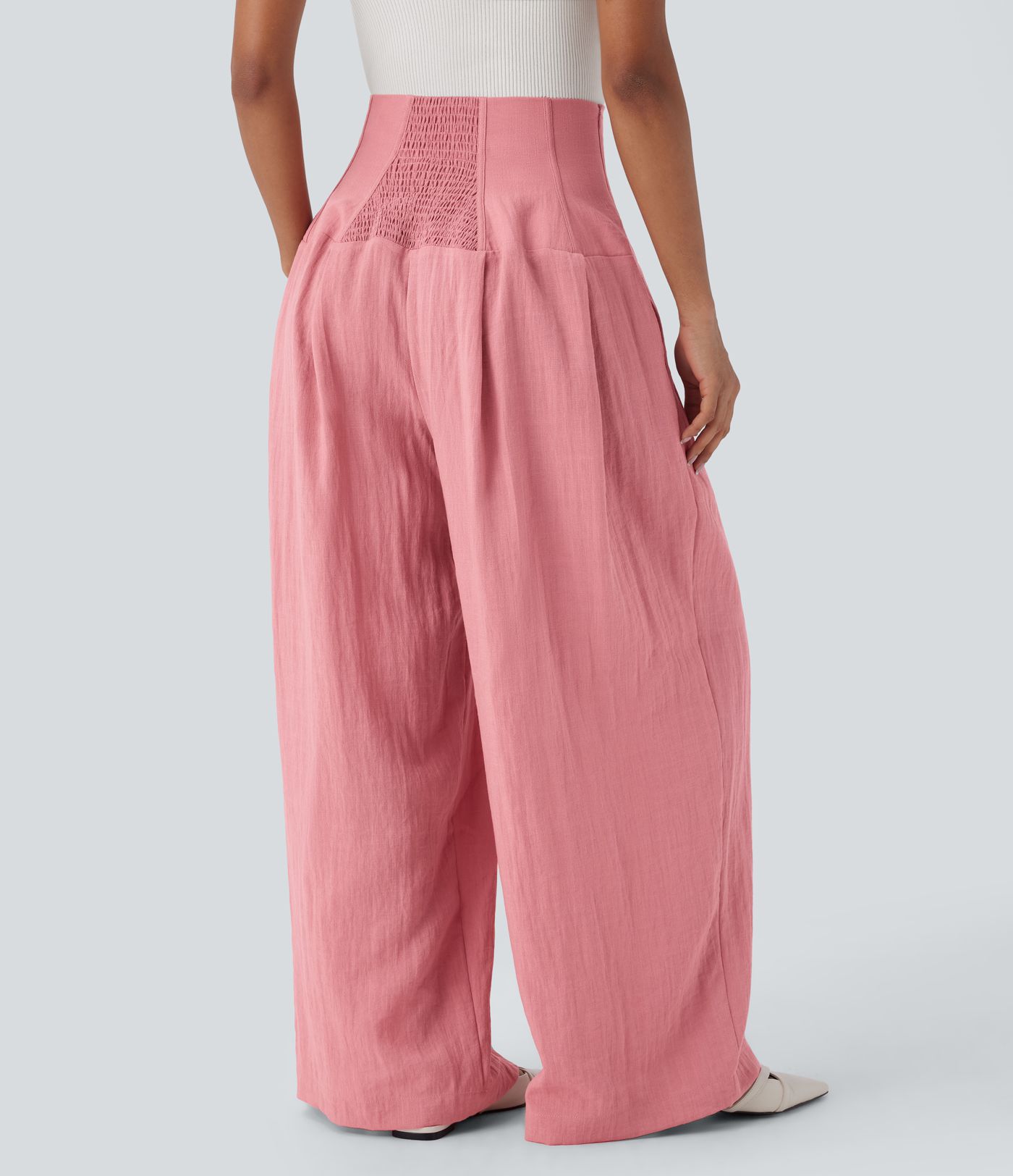 Halara Flex™ Super High Waisted Shirred Pockets Wide Leg Work Linen-Feel Trousers