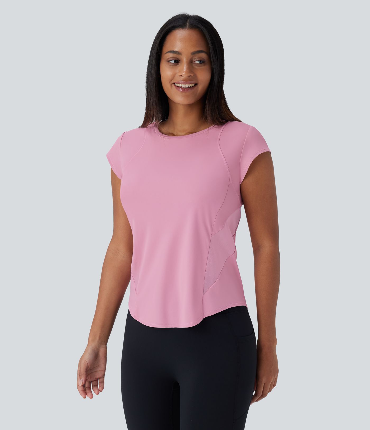 Round Neck Short Sleeve Curved Hem Contrast Mesh  Quick Dry Running Sports Top