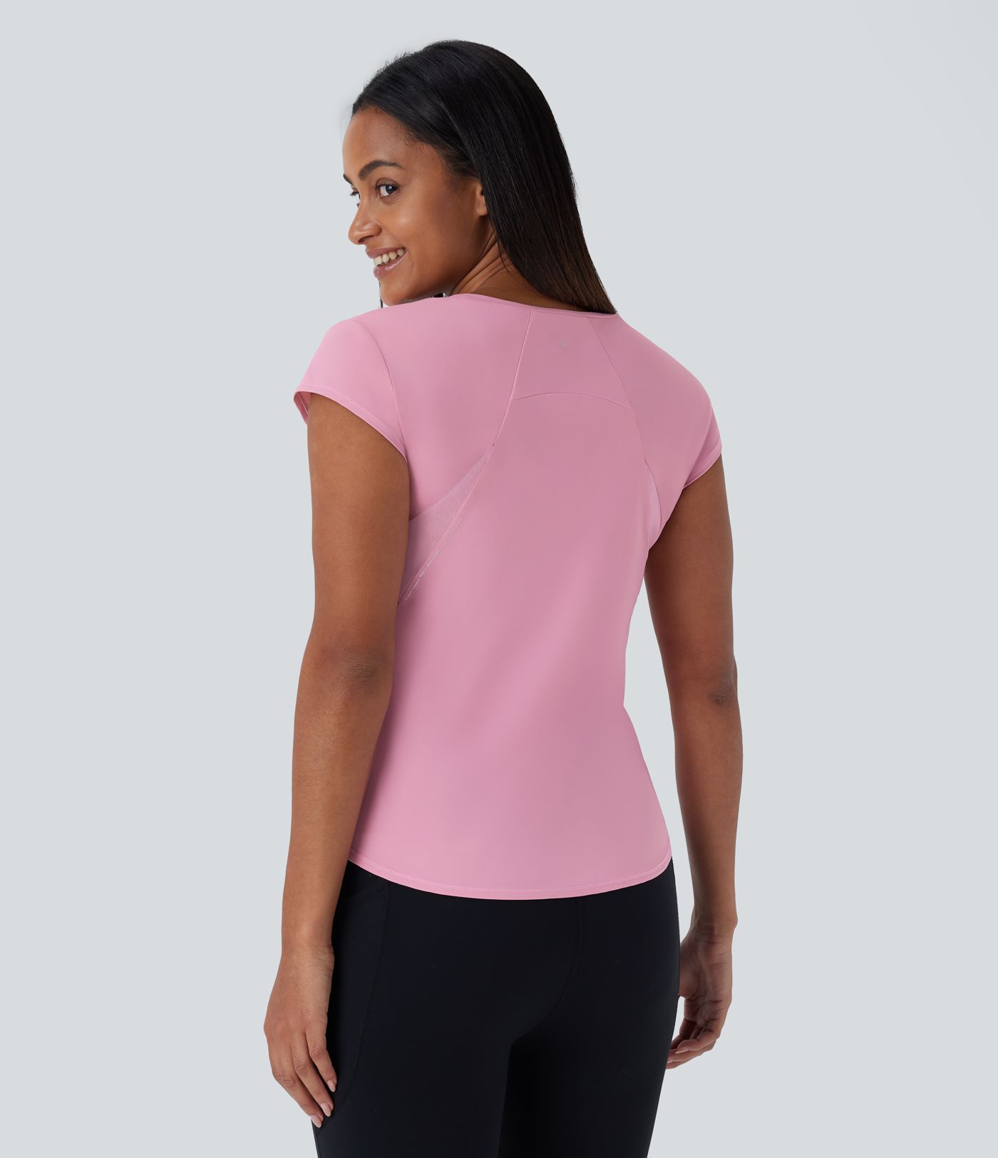 Round Neck Short Sleeve Curved Hem Contrast Mesh  Quick Dry Running Sports Top