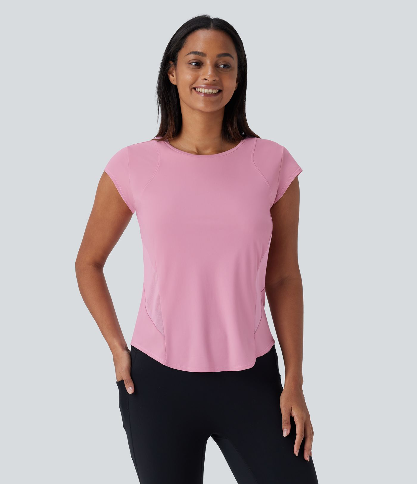 Round Neck Short Sleeve Curved Hem Contrast Mesh  Quick Dry Running Sports Top