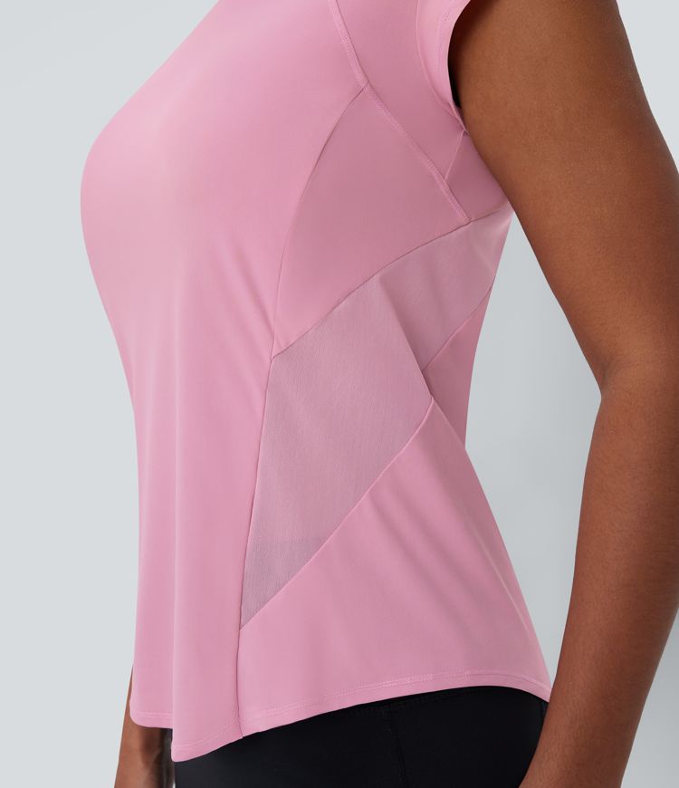 Round Neck Short Sleeve Curved Hem Contrast Mesh  Quick Dry Running Sports Top