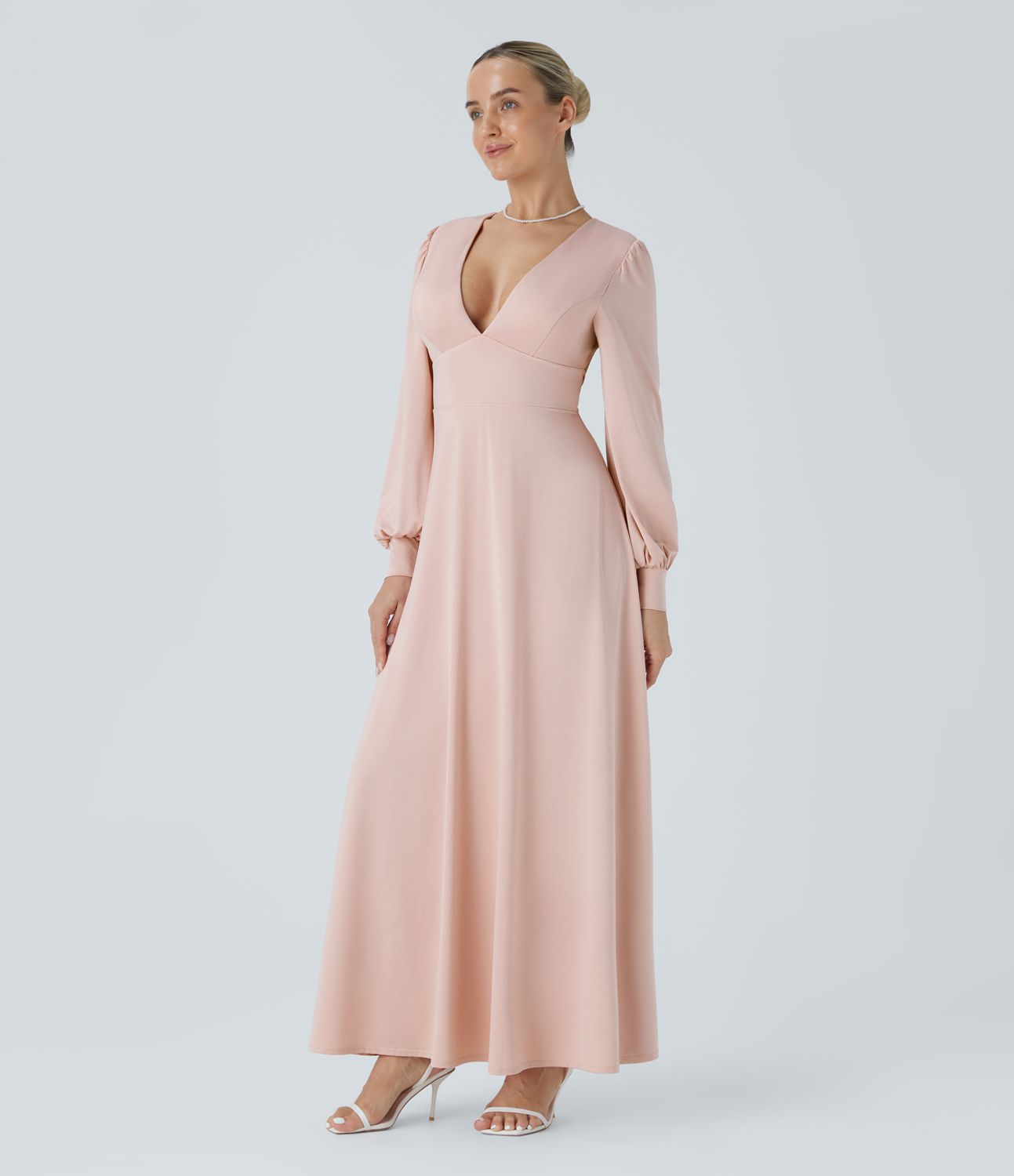 V-neck backless button-down bishop sleeve maxi guest look dress