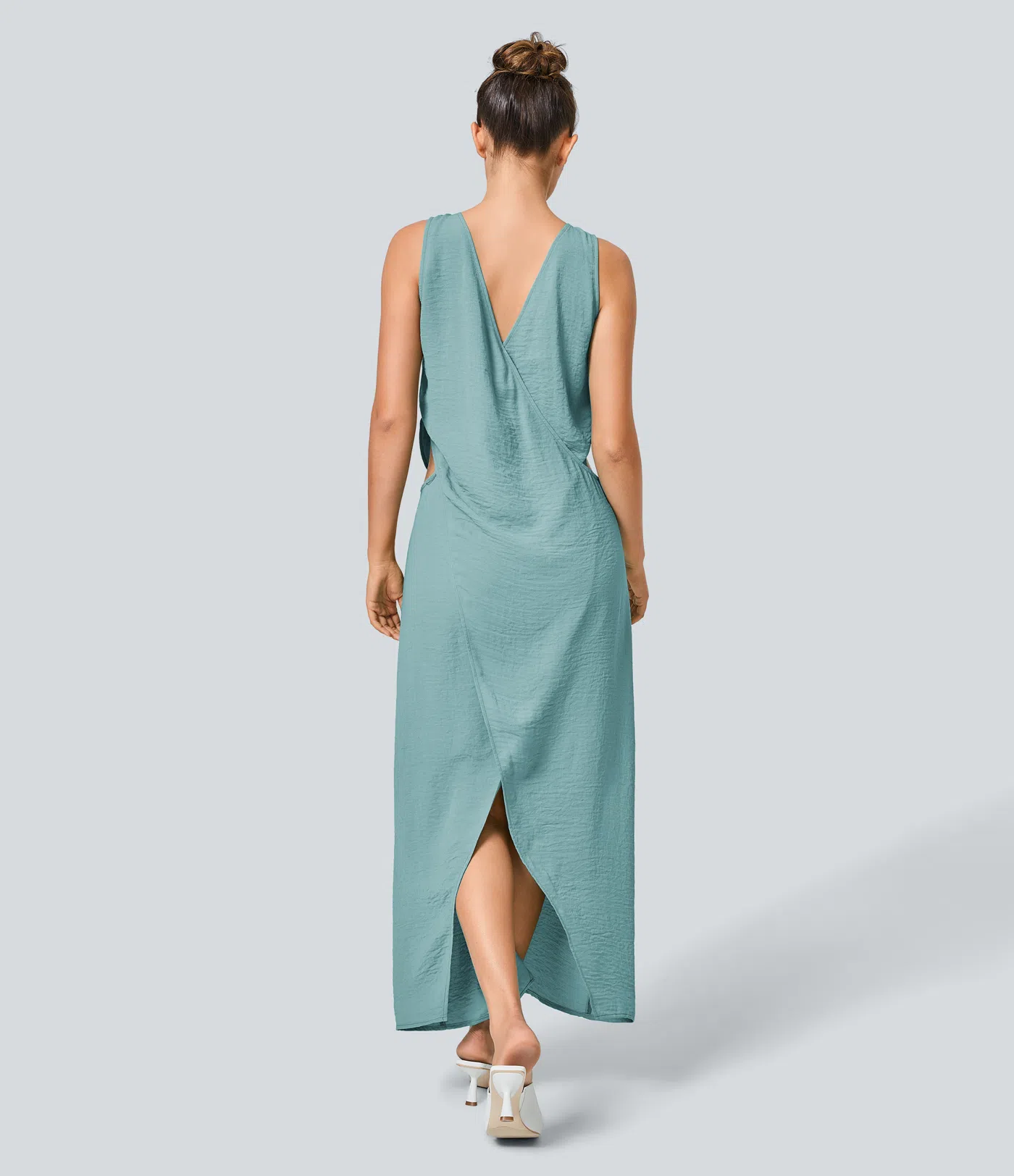 V Neck Sleeveless Cut Out Split Maxi Casual Linen-Feel Dress