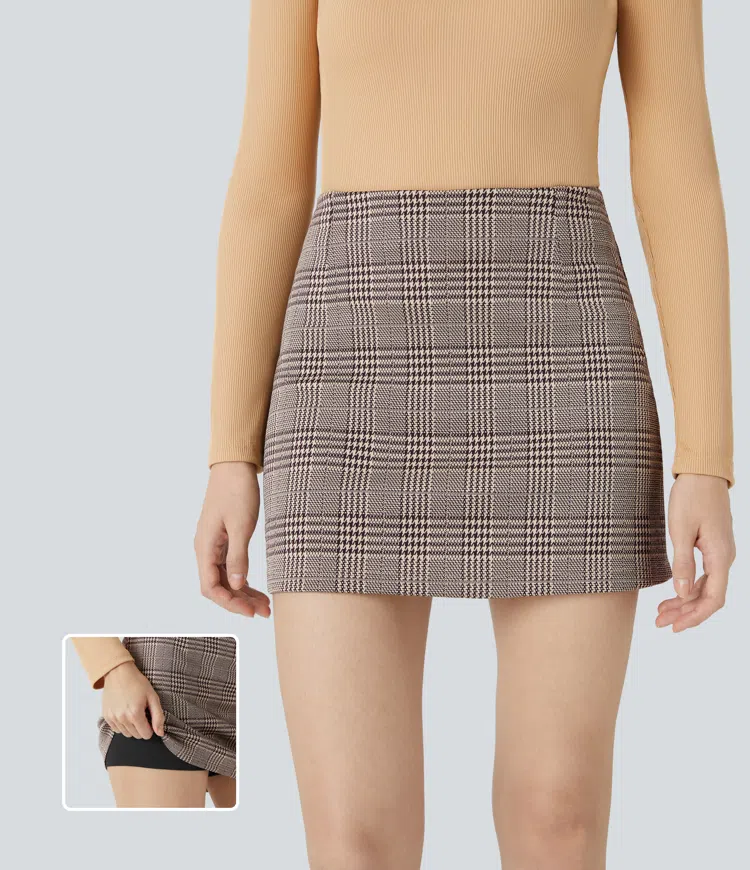 High Waisted 2-in-1 Houndstooth Plaid Mini Work Skirt