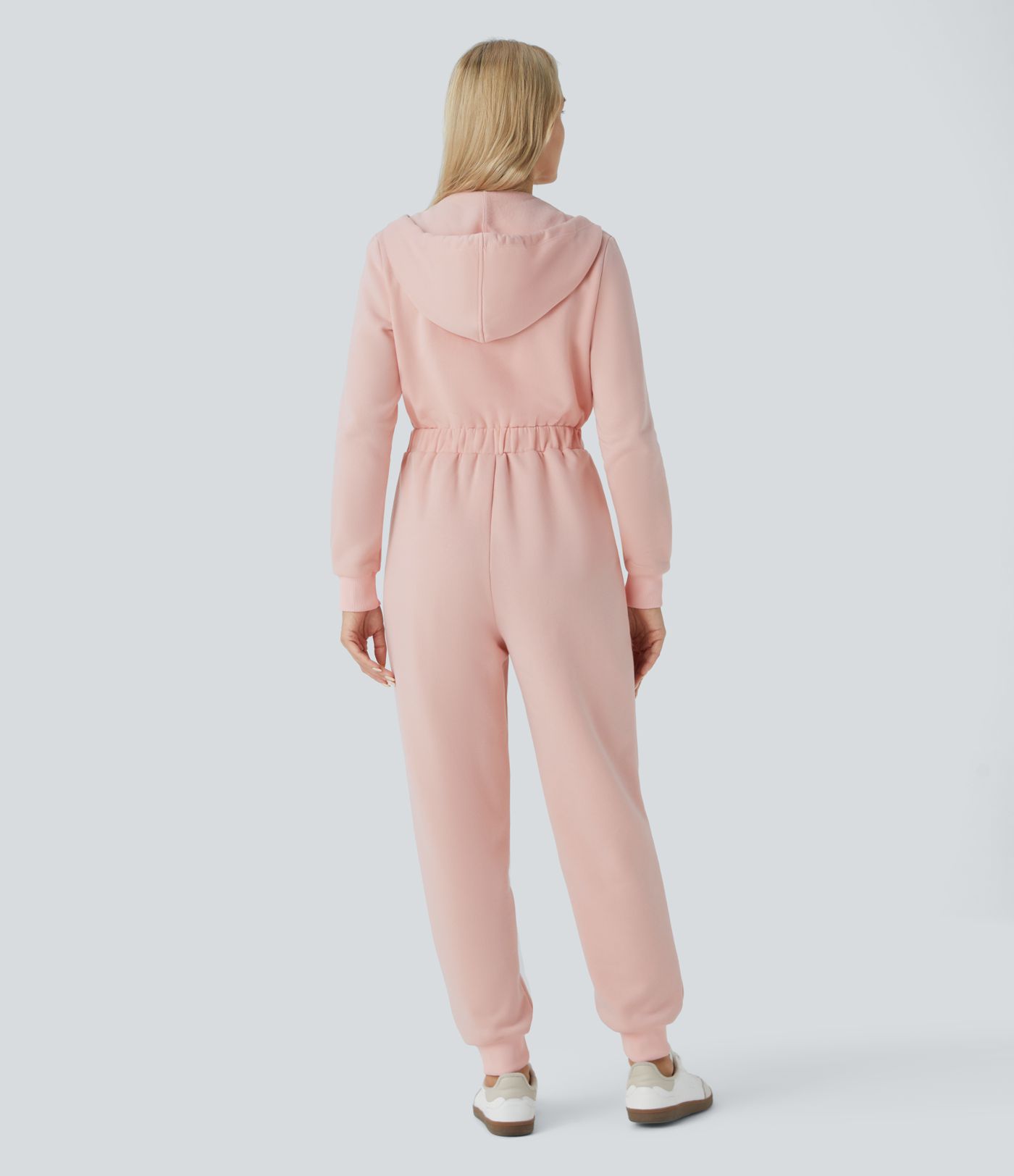 Lässiger Jogger-Jumpsuit aus Fleece mit Kapuze, halbem Reißverschluss, langen Ärmeln und Seitentaschen