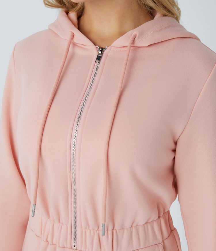 Mono deportivo polar capucha cordón ajustable media cremallera manga larga bolsillo lateral