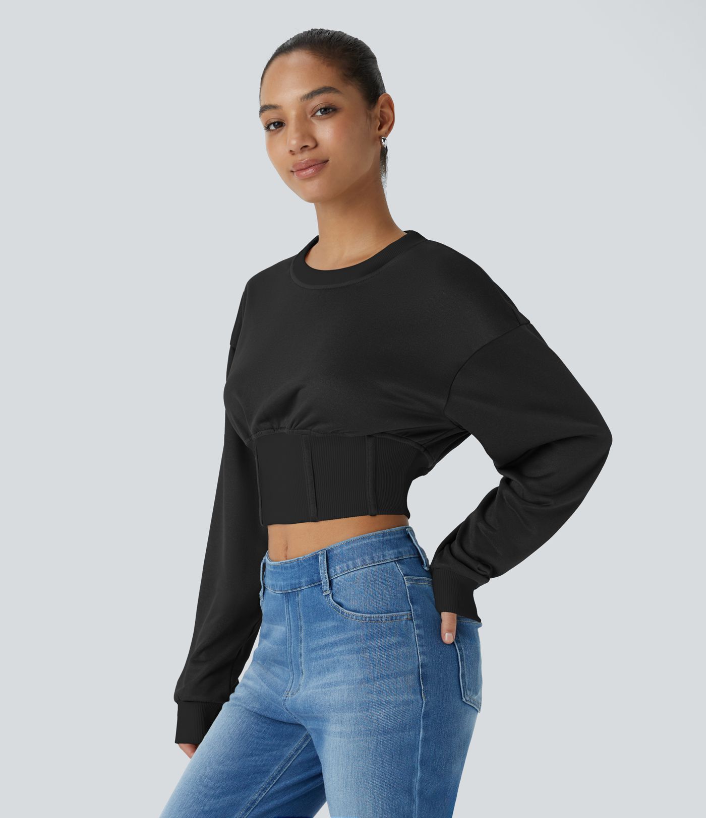 Round Neck Dropped Shoulder Contrast Ribbed Decorative Fishbone Cropped Relaxed Casual Sweatshirt