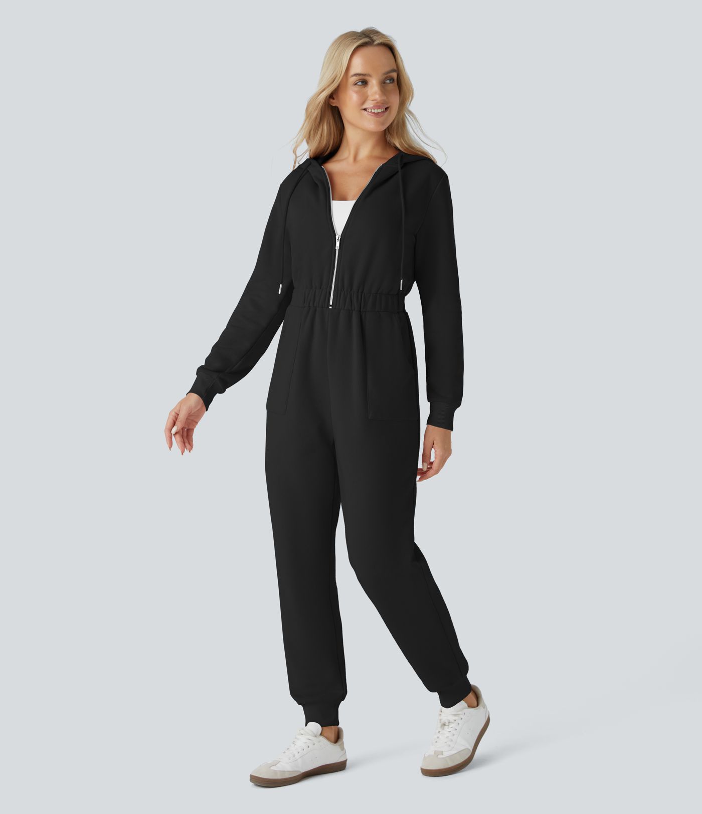 Hooded Drawstring Half Zip Long Sleeve Pocket Fleece Casual Jogger Jumpsuit