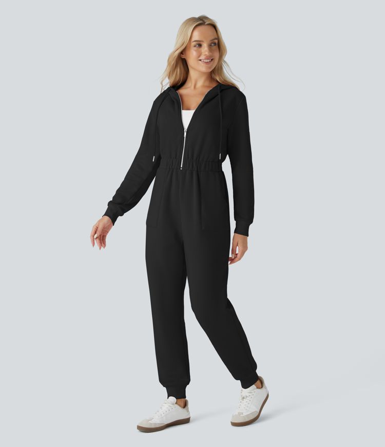 Hooded Drawstring Half Zip Long Sleeve Pocket Fleece Casual Jogger Jumpsuit