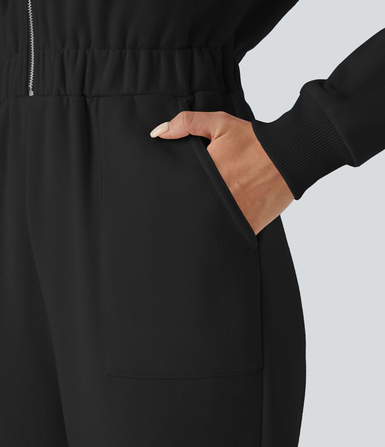 Hooded Drawstring Half Zip Long Sleeve Pocket Fleece Casual Jogger Jumpsuit