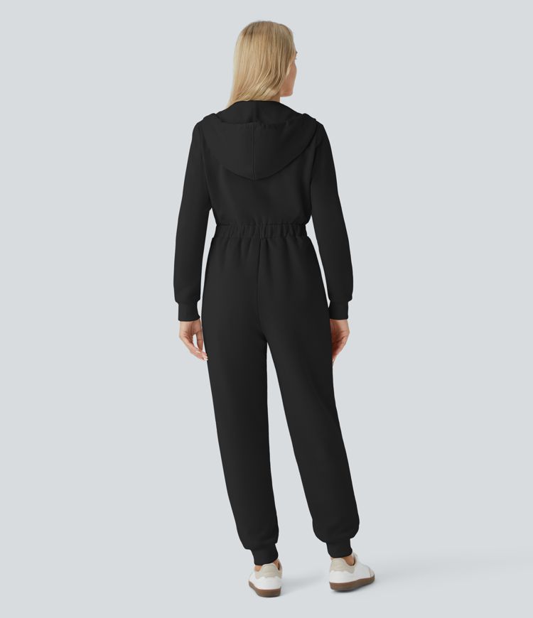 Hooded Drawstring Half Zip Long Sleeve Pocket Fleece Casual Jogger Jumpsuit