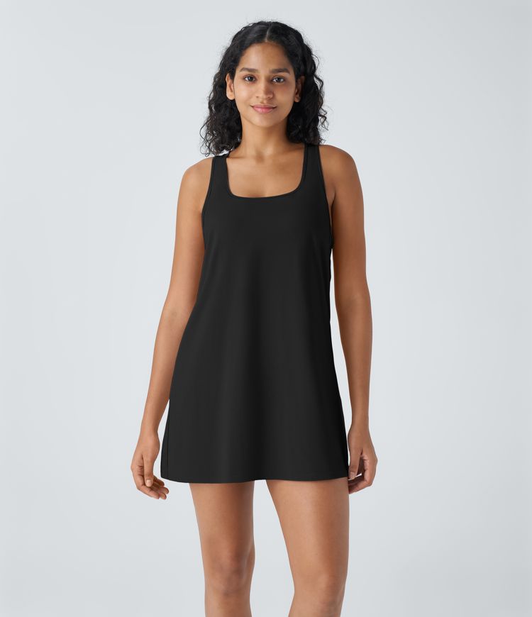 U-neck sleeveless racerback side pocket two-piece set mini yoga active dress