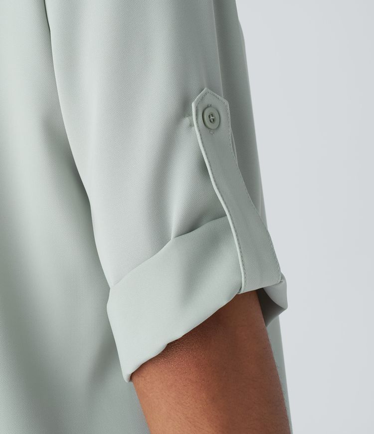 Chemise Travail à Col en V Boutonnée Manches Trois Quarts et Ourlet Courbé