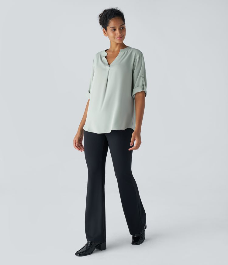 Chemise Travail à Col en V Boutonnée Manches Trois Quarts et Ourlet Courbé