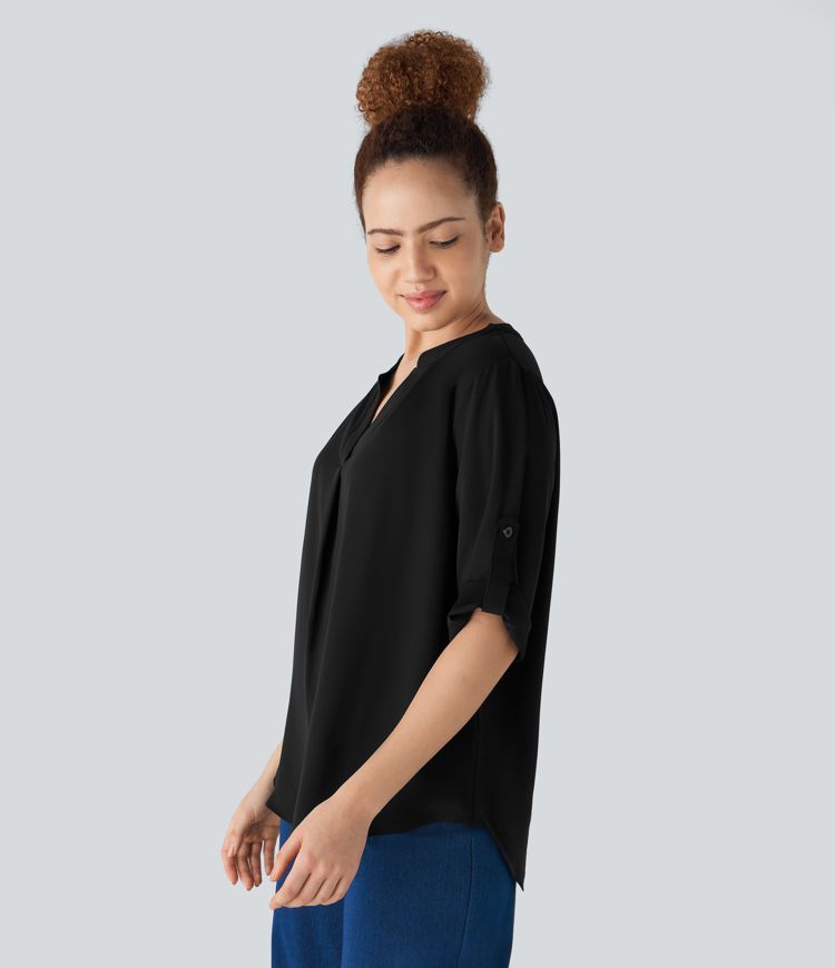 Arbeitshemd mit V-Ausschnitt, Dreiviertelärmeln und abgerundetem Saum